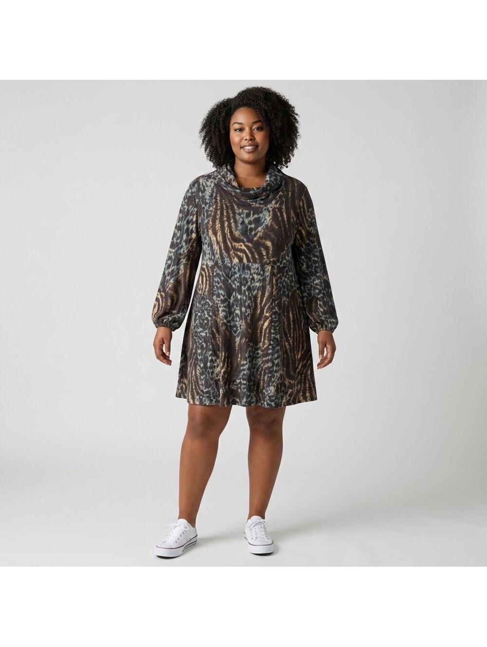 Alyx Mini Dress Women XL Gray Animal Print Short Cowl Neck Long Sleeve Casual